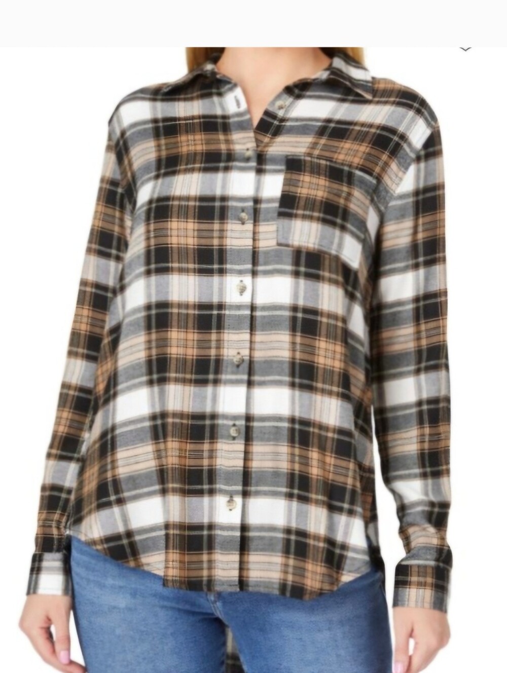 C&C California Plaid Button-Up Shirt in Black, White, Tan Sz L
